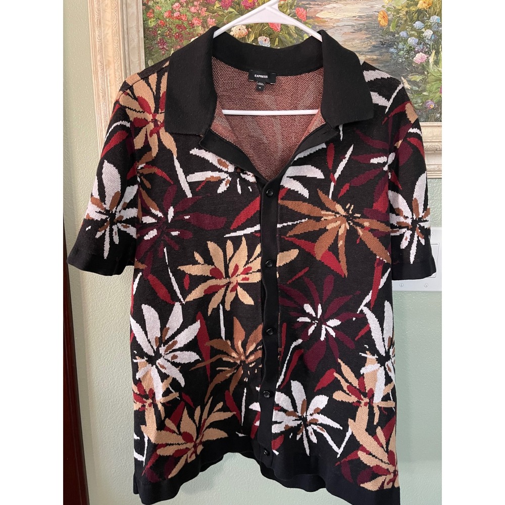 Men's Express Button Down Black Floral Print Knit Polo Shirt Size XL Used